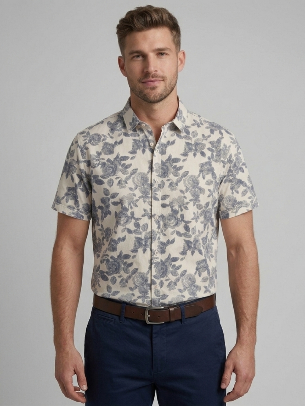 Steel & Jelly London XL Cotton Blue White Botanical Floral Smart Casual Shirt